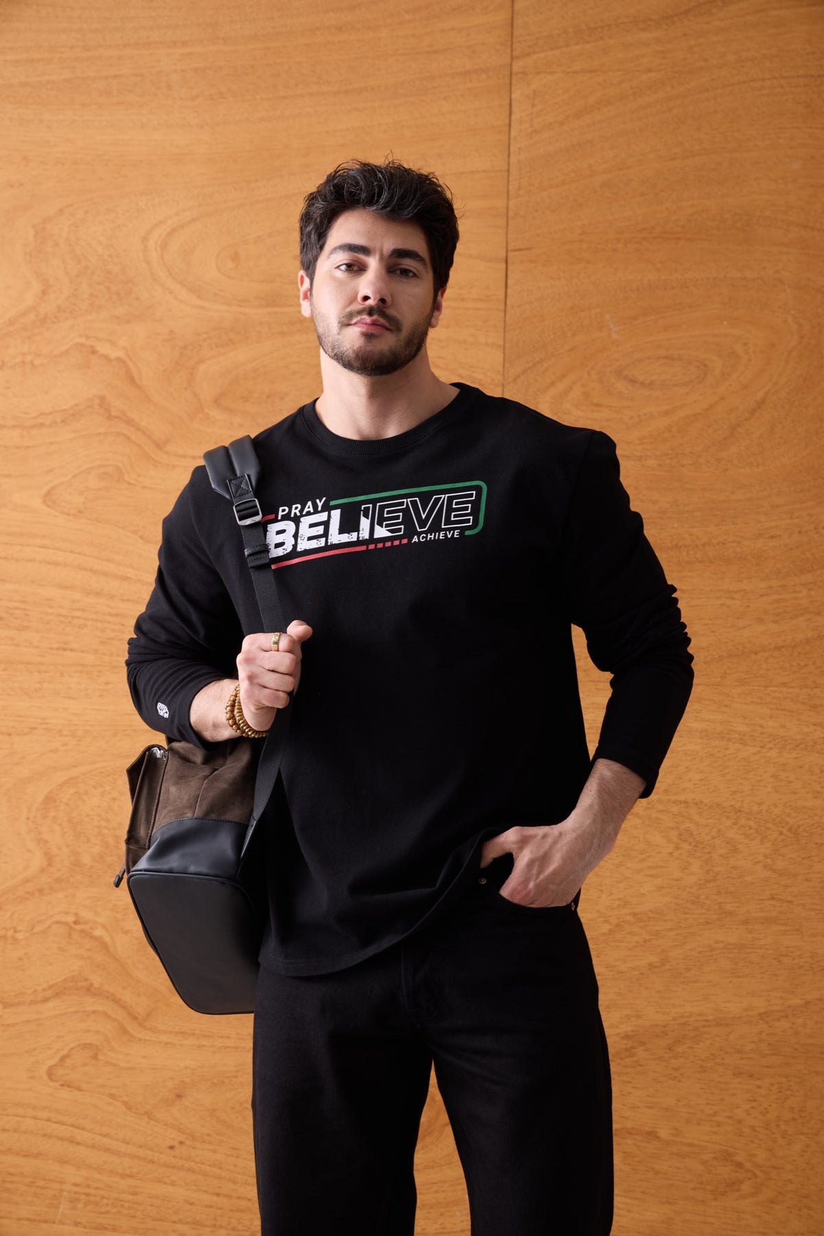 Pray Believe Long Sleeve Tee - Black / Red-Green