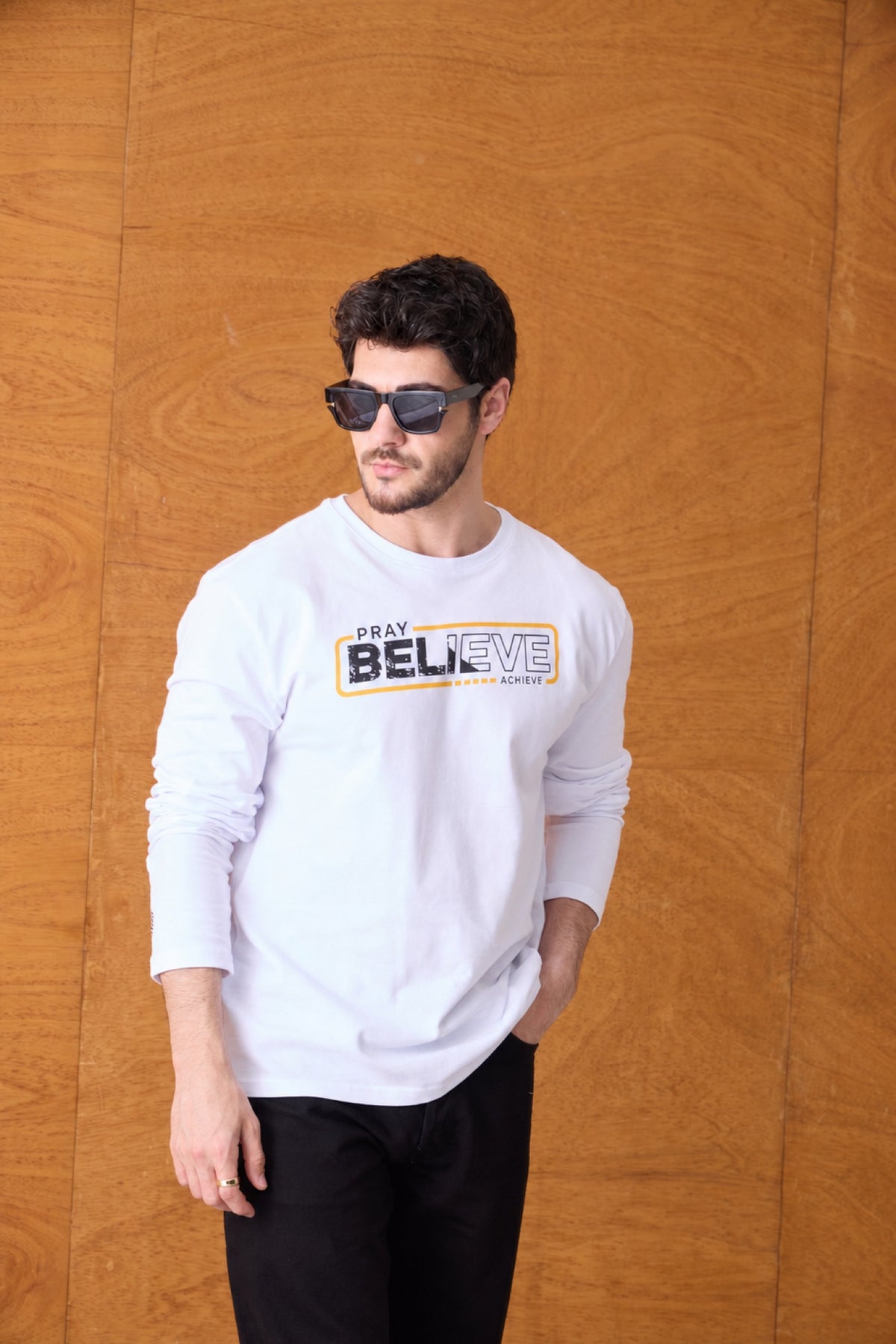 Pray Believe Long Sleeve Tee - White / Orange