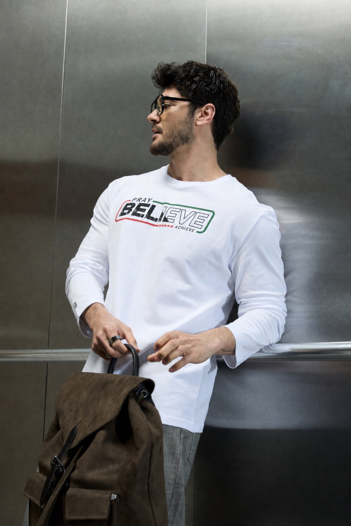 Pray Believe Long Sleeve Tee - White / Red-Green