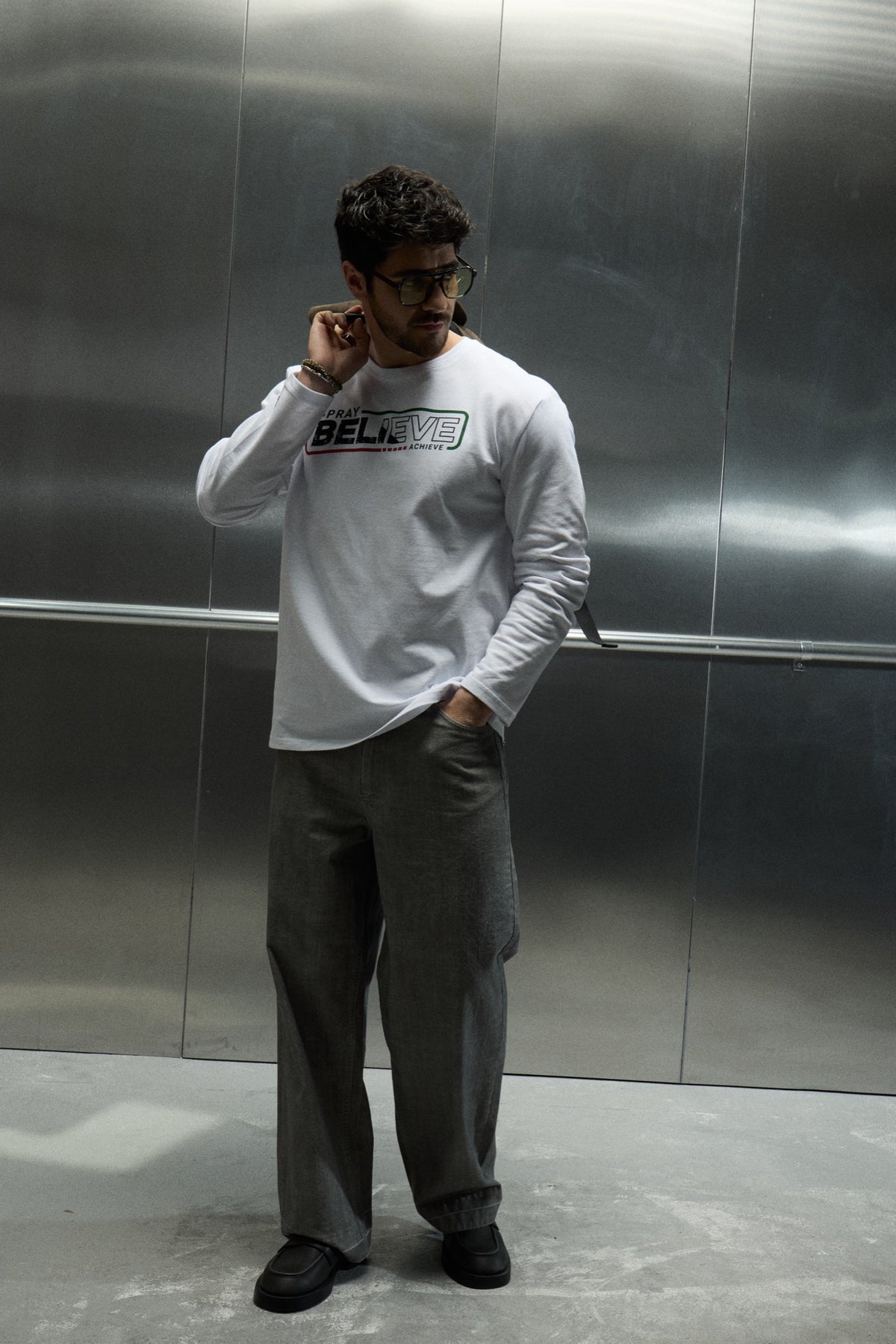 Pray Believe Long Sleeve Tee - White / Red-Green